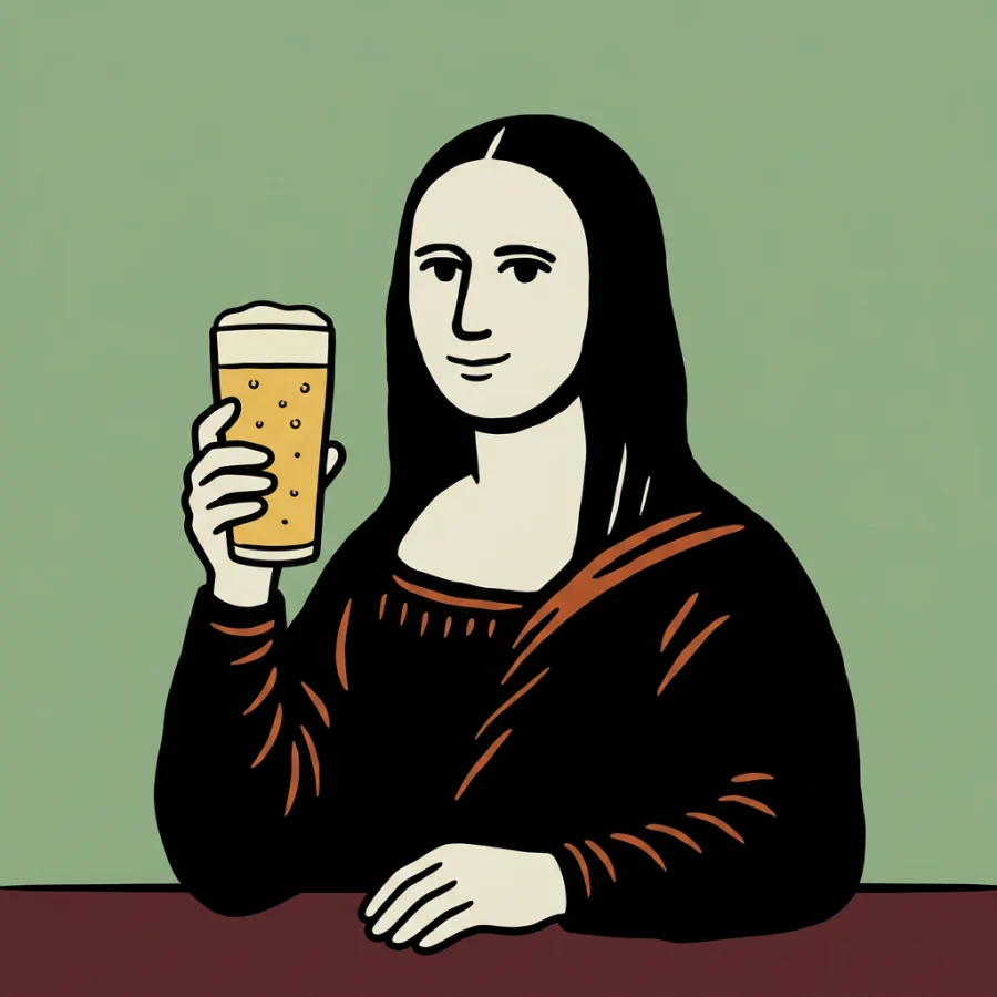 Η Mona Lisa κρατά ένα ποτήρι παγωμένη μπίρα