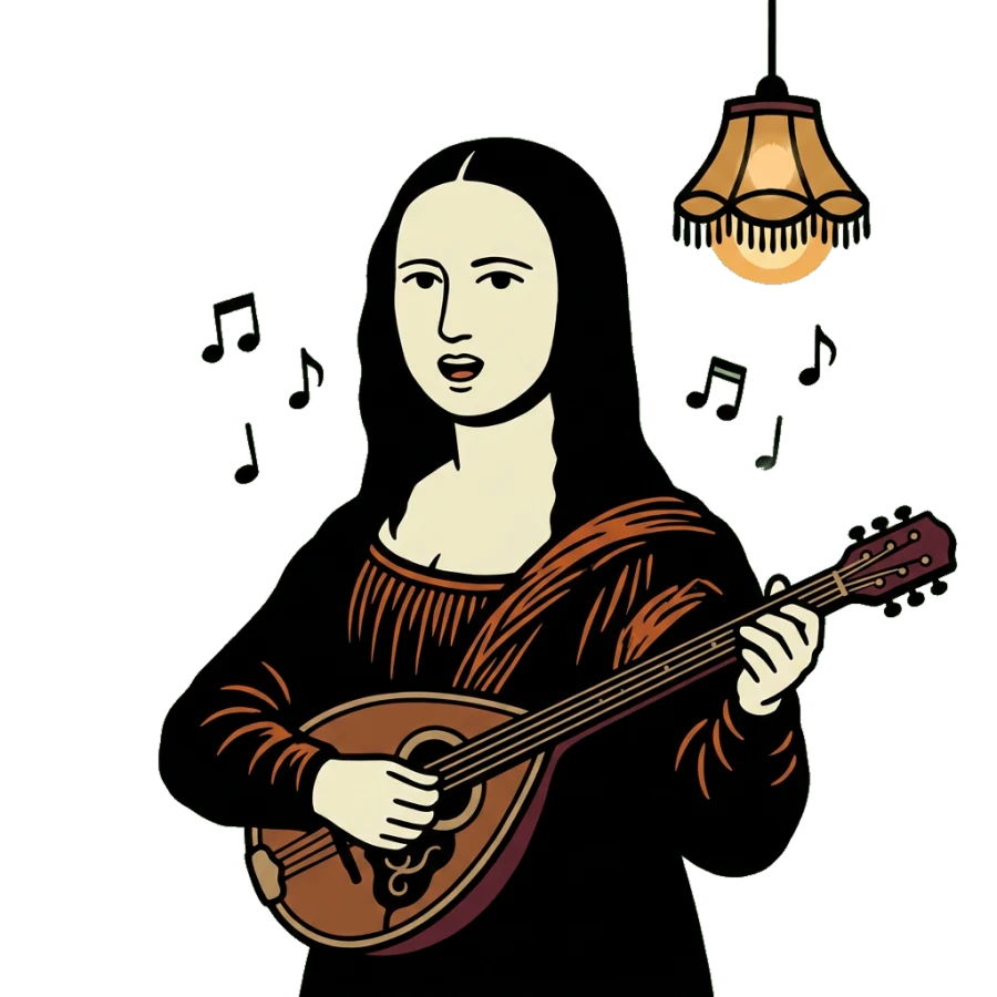Η Mona Lisa παίζει μπουζούκι κάτω από το φωτιστικό