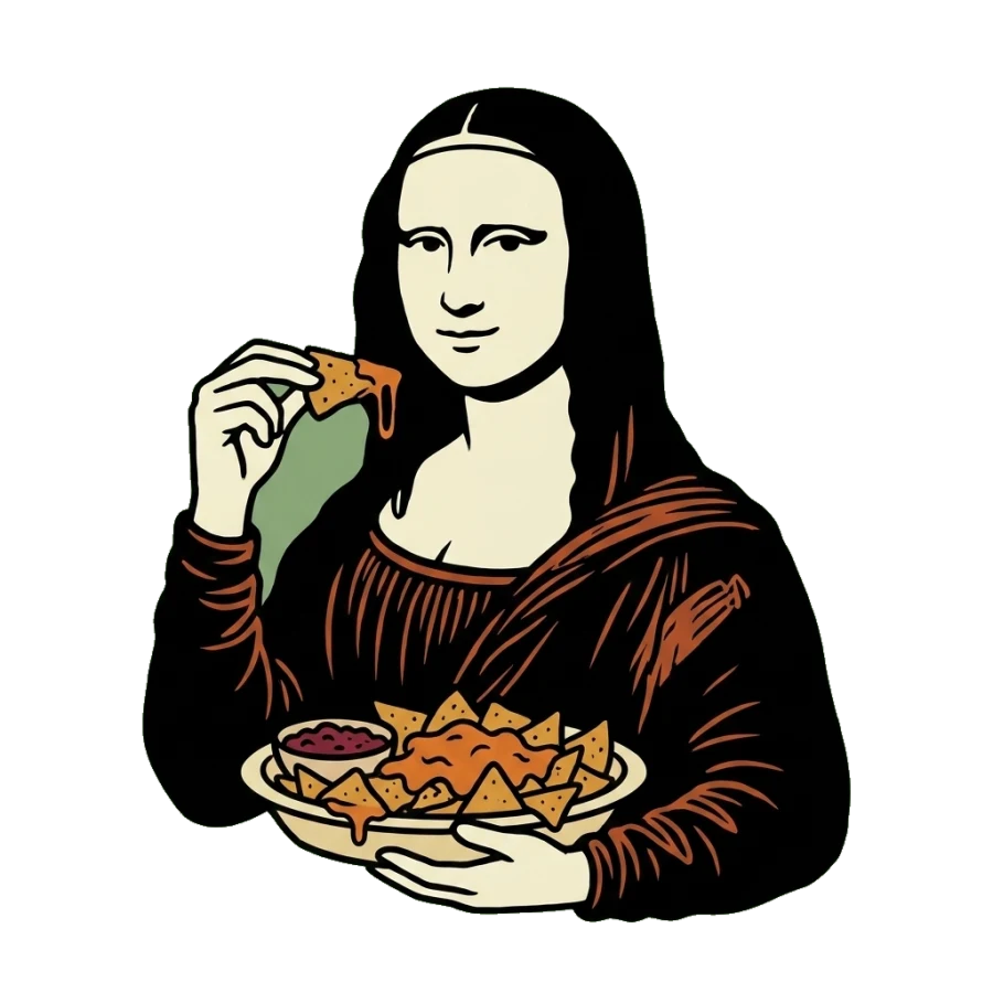 Η Mona Lisa κρατά μια πιατέλα με nachos